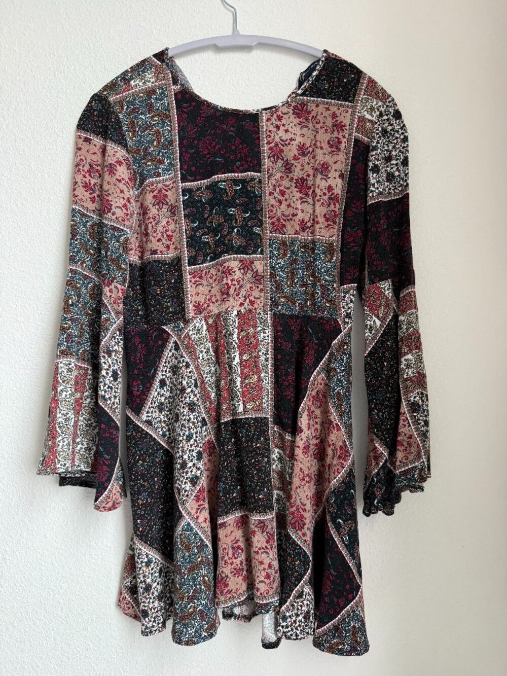 Boho Cottage Core Patchwork Tunic Mini Dress With Bell Sleeves